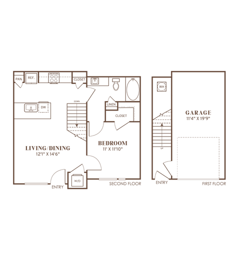 Floor plan for 1 bed, 1 bath, 647 sqft